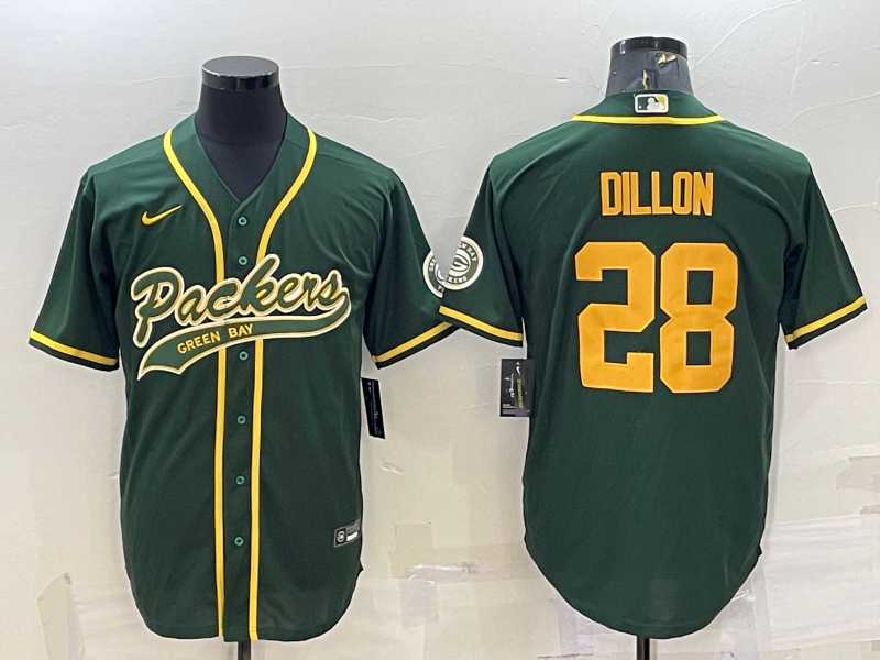 Men%27s Green Bay Packers #28 AJ Dillon Green Yellow With Patch Cool Base Stitched Baseball Jersey->green bay packers->NFL Jersey